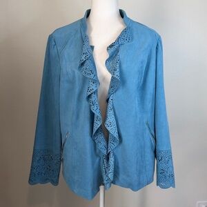 Chico’s Faux Suede Jacket Open Front Drape Vast Skies Blue Sz 2 (Lg 12) Lined